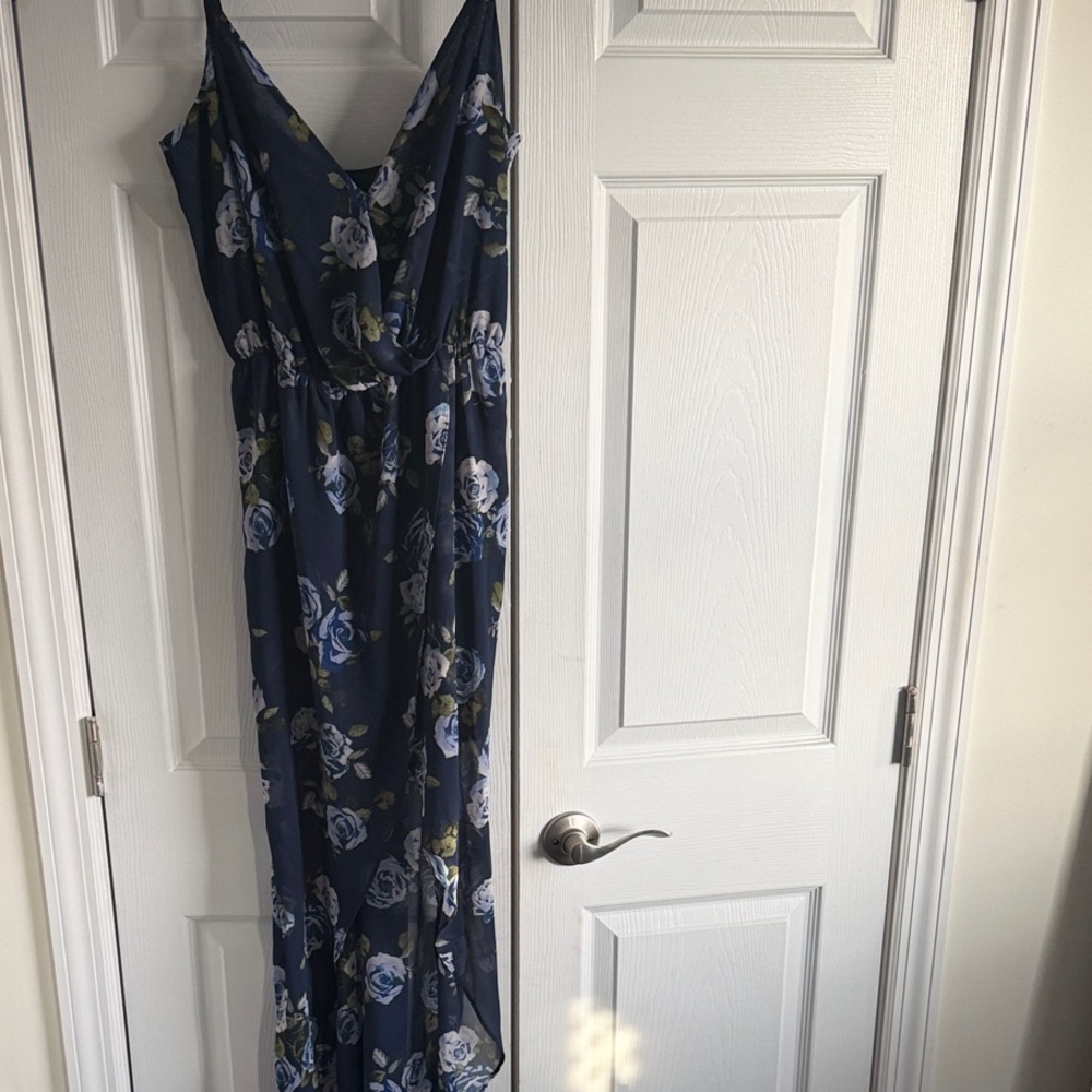 Navy Blue Floral high low Maxi Dress with Spaghetti Straps